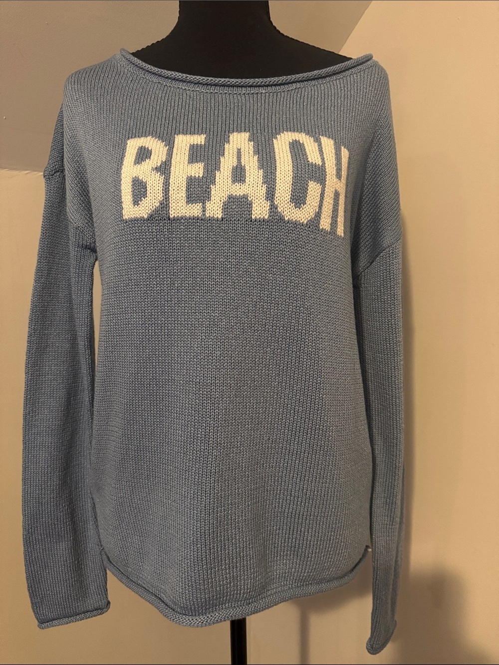 Marled Light Blue Sweater with White 'BEACH' small oversized